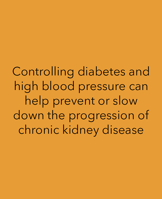Yellow background with text that reads "Controlling diabetes and high blood pressure can help prevent or slow down the progression of chronic kidney disease"