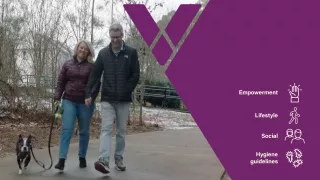 Eric and his Spouse walking his dog with themes