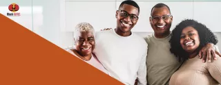 Image of a smiling multi generational family arms around one another