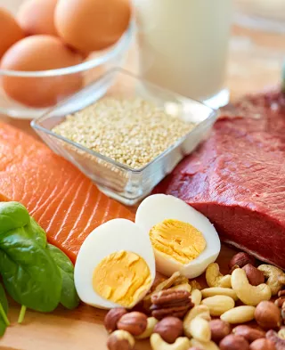 Photo of various types of protein including chicken, fish, beef, and eggs