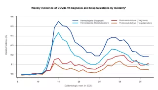 chart showing Weekly incidence of COVID-19 diagnosis and hospitalizations by modality